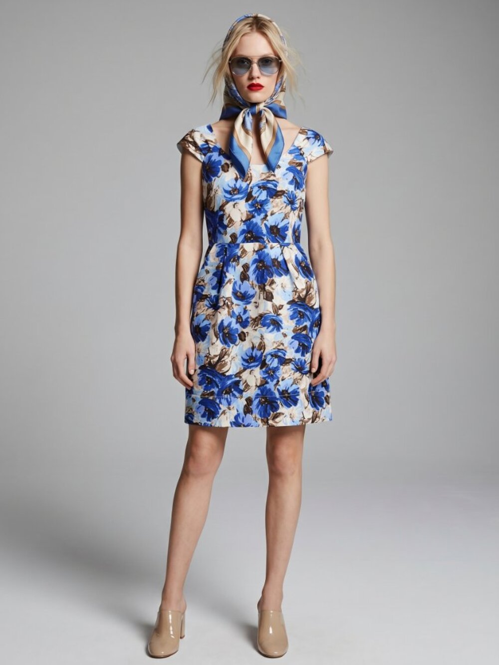 Brunch Garden Party Coastal Romantic Cocktail Blue Floral 100% Silk Dress US 10